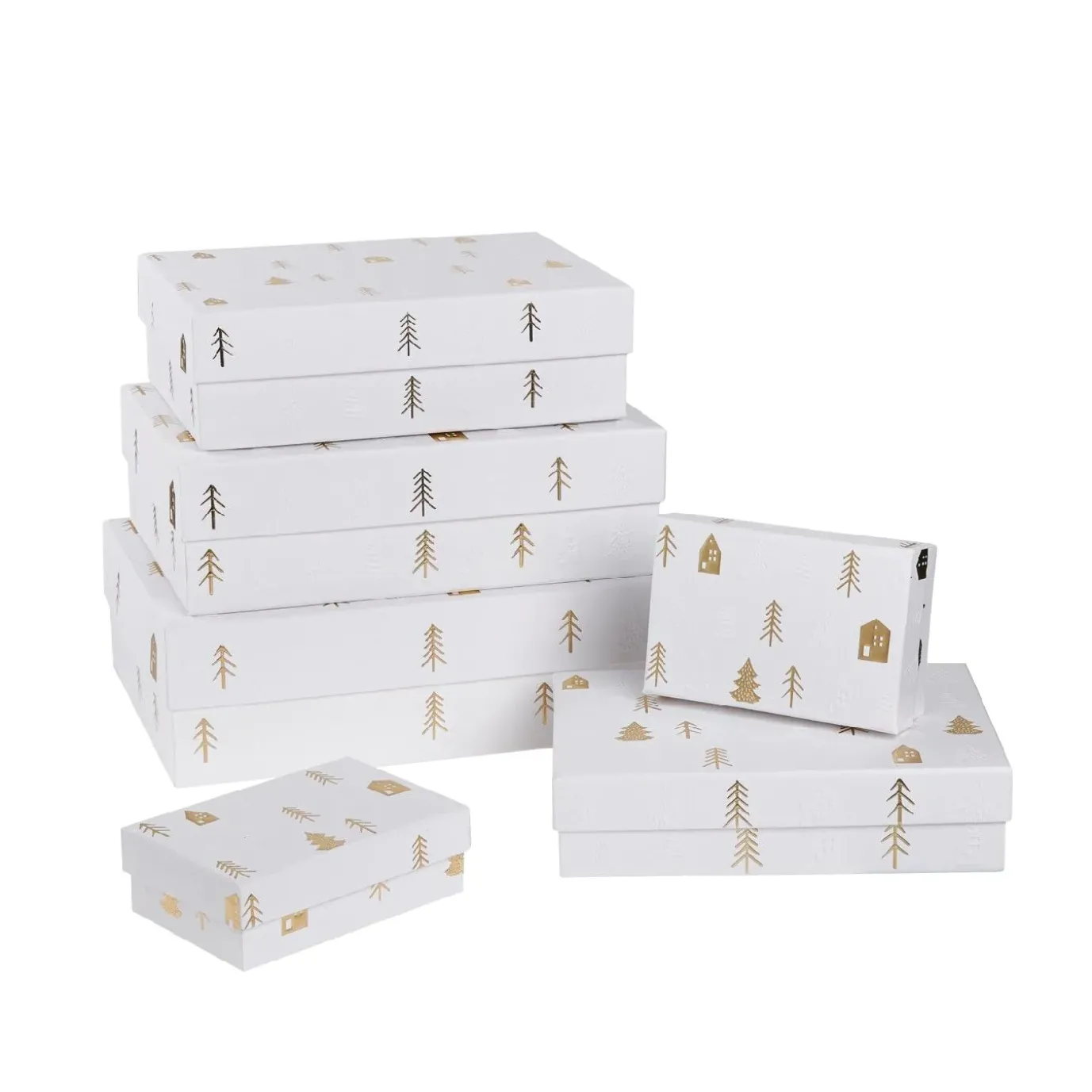 6er Set Geschenkkarton Prägung, Haus/weiß/gold