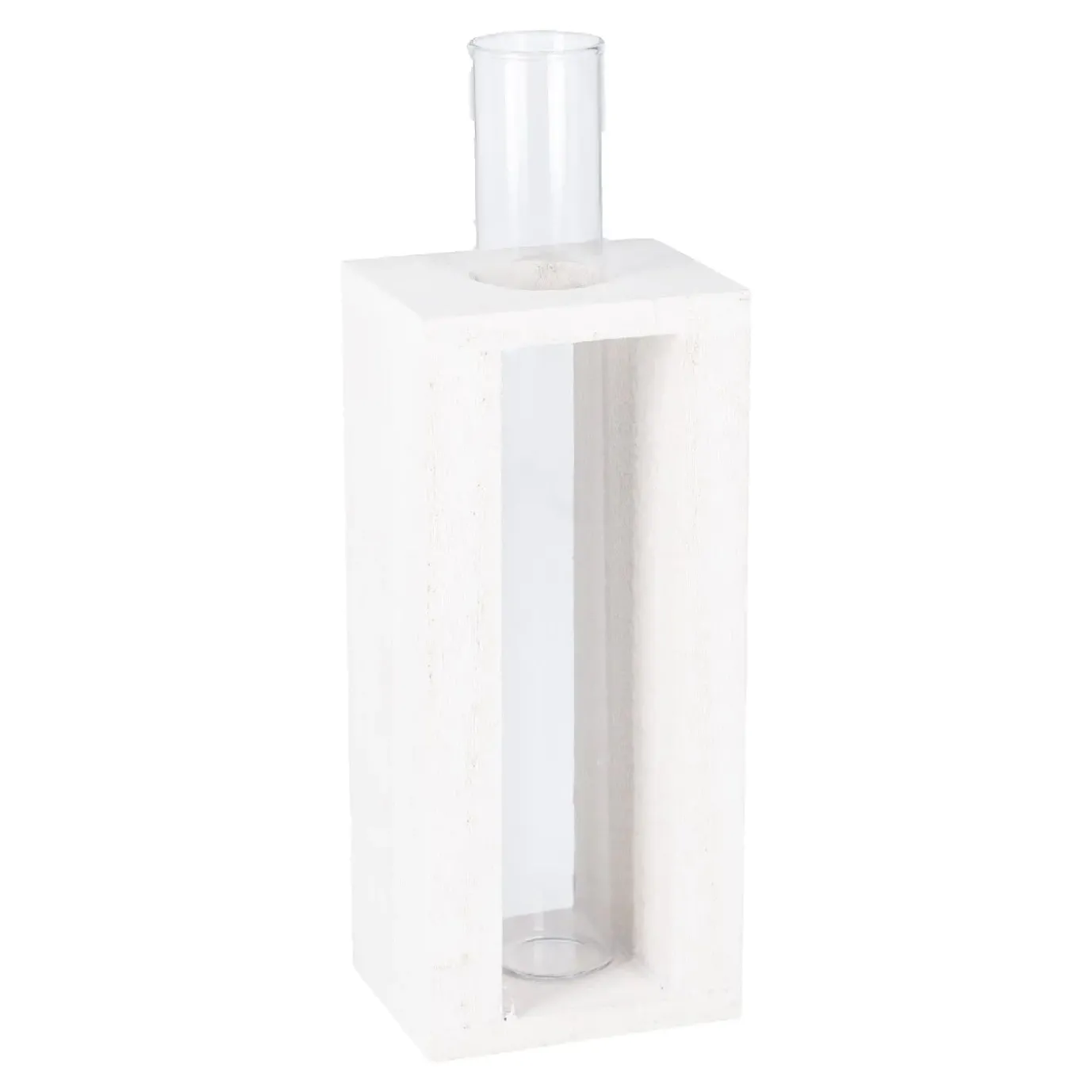Vase Reagenzglas In Holzständer, Weiß, 19 Cm
